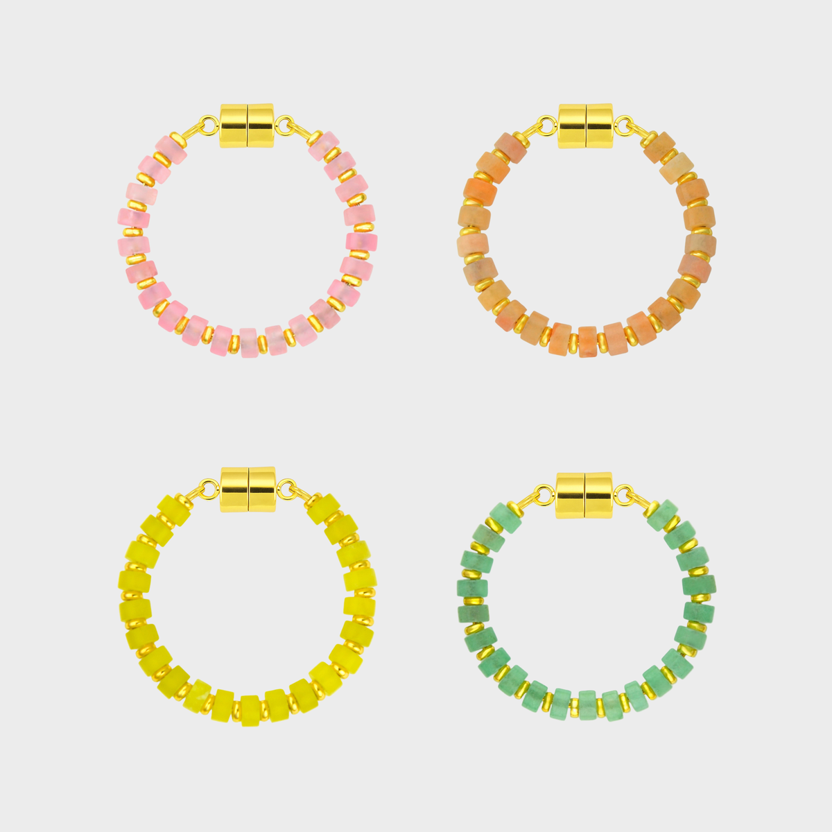 Sorbet set of 4 magnetic wine charms in Rose Quartz, Peach Aventurine, Lemon Quartz and Mint Variscite with gold hardware