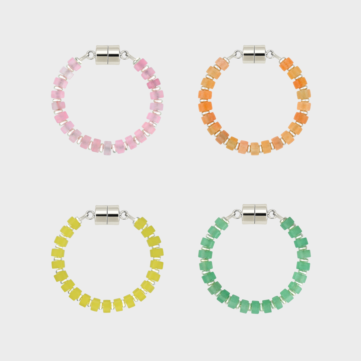 Sorbet set of 4 magnetic wine charms in Rose Quartz, Peach Aventurine, Lemon Quartz and Mint Variscite with silver hardware
