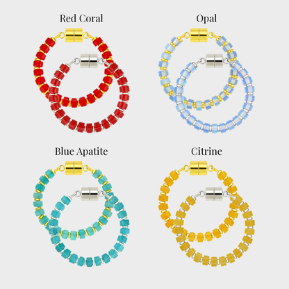 Sparkler set of 4 magnetic wine charms in gold and silver showing each color name: Red Coral, Opal, Blue Apatite and Citrine