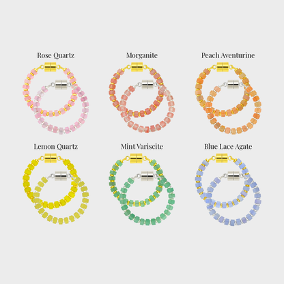 Sugared Almond wine charm set showing each color name: Rose Quartz, Morganite, Peach Aventurine, Lemon Quartz, Mint Variscite and Blue Lace Agate