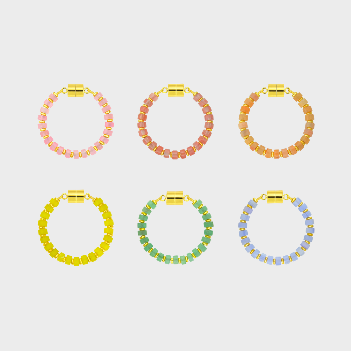 Sugared Almond set of 6 magnetic wine charms in Rose Quartz, Morganite, Peach Aventurine, Lemon Quartz, Mint Variscite and Blue Lace Agate with gold hardware