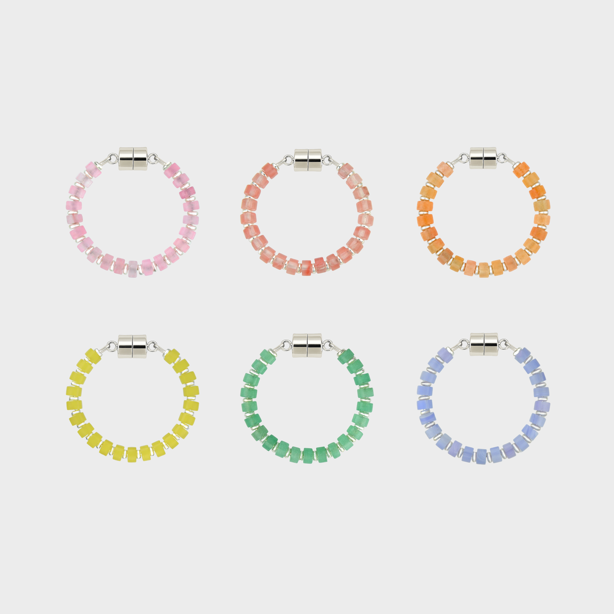 Sugared Almond set of 6 magnetic wine charms in Rose Quartz, Morganite, Peach Aventurine, Lemon Quartz, Mint Variscite and Blue Lace Agate with silver hardware