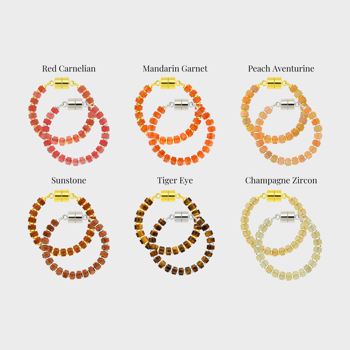 Terracotta wine charm set showing each color name: Red Carnelian, Mandarin Garnet, Peach Aventurine, Sunstone, Tiger Eye and Champagne Zircon