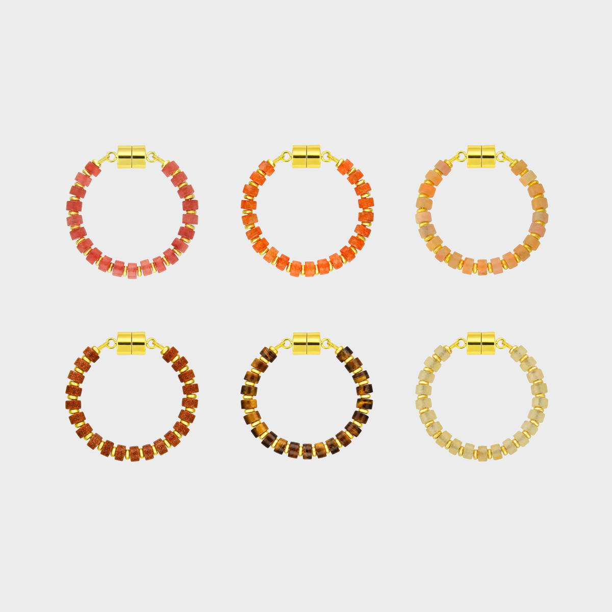 Terracotta set of 6 magnetic wine charms in Red Carnelian, Mandarin Garnet, Peach Aventurine, Sunstone, Tiger Eye and Champagne Zircon with gold hardware
