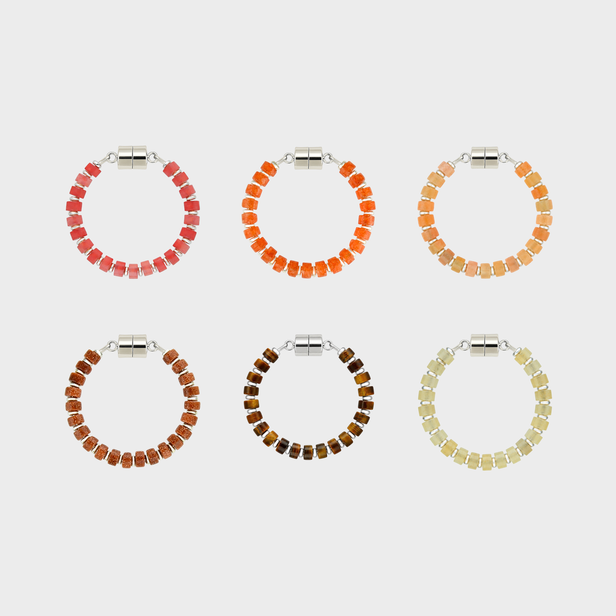 Terracotta set of 6 magnetic wine charms in Red Carnelian, Mandarin Garnet, Peach Aventurine, Sunstone, Tiger Eye and Champagne Zircon with silver hardware