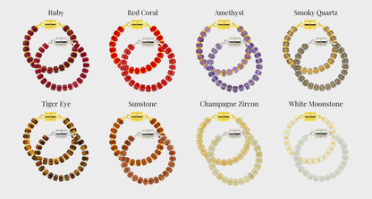 Vintner wine charm set showing each color name: Ruby, Red Coral, Amethyst, Smoky Quartz, Tiger Eye, Sunstone, Champagne Zircon and White Moonstone