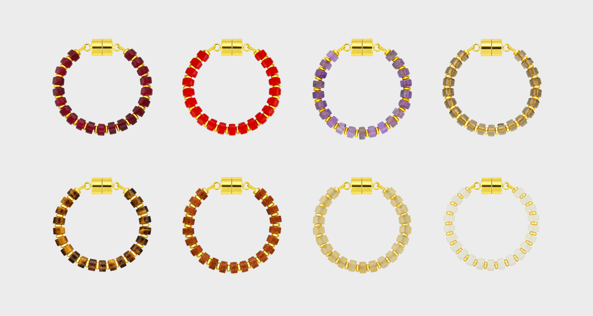 Vintner set of 8 magnetic wine charms in Ruby, Red Coral, Amethyst, Smoky Quartz, Tiger Eye, Sunstone, Champagne Zircon and White Moonstone with gold hardware
