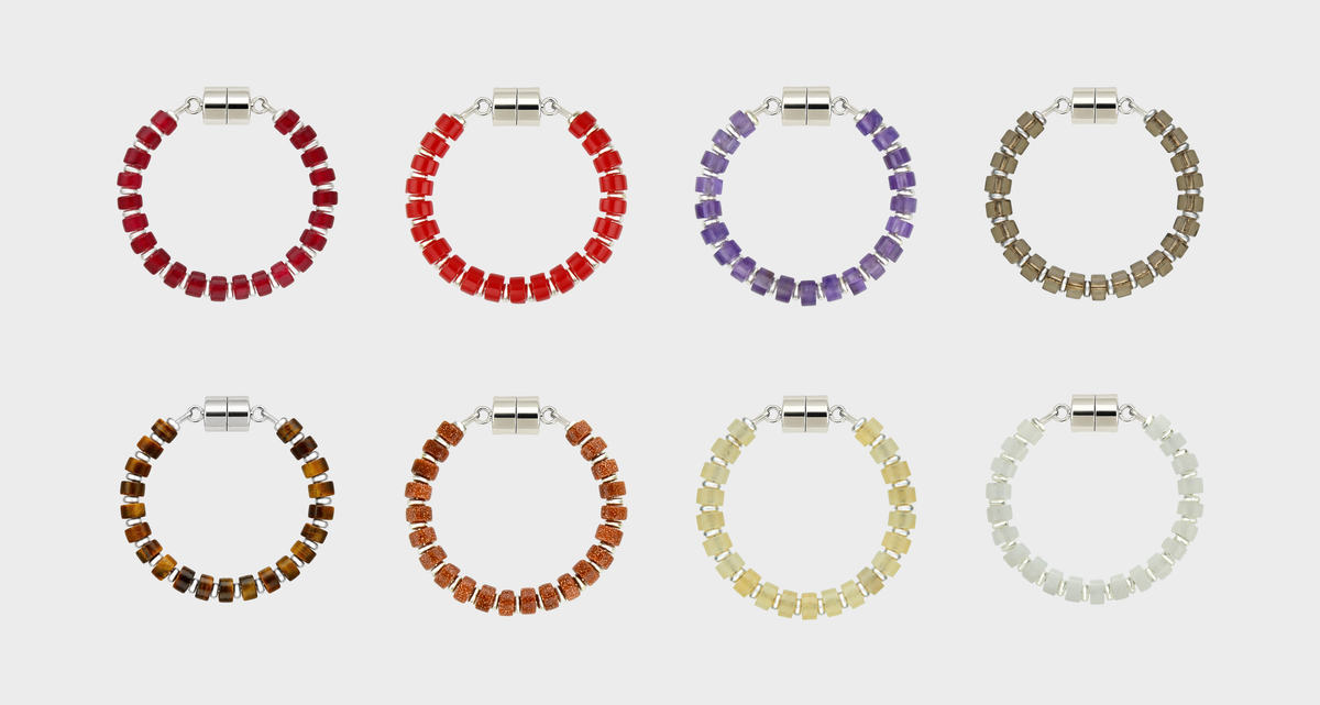 Vintner set of 8 magnetic wine charms in Ruby, Red Coral, Amethyst, Smoky Quartz, Tiger Eye, Sunstone, Champagne Zircon and White Moonstone with silver hardware