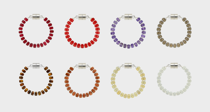 Vintner set of 8 magnetic wine charms in Ruby, Red Coral, Amethyst, Smoky Quartz, Tiger Eye, Sunstone, Champagne Zircon and White Moonstone with silver hardware