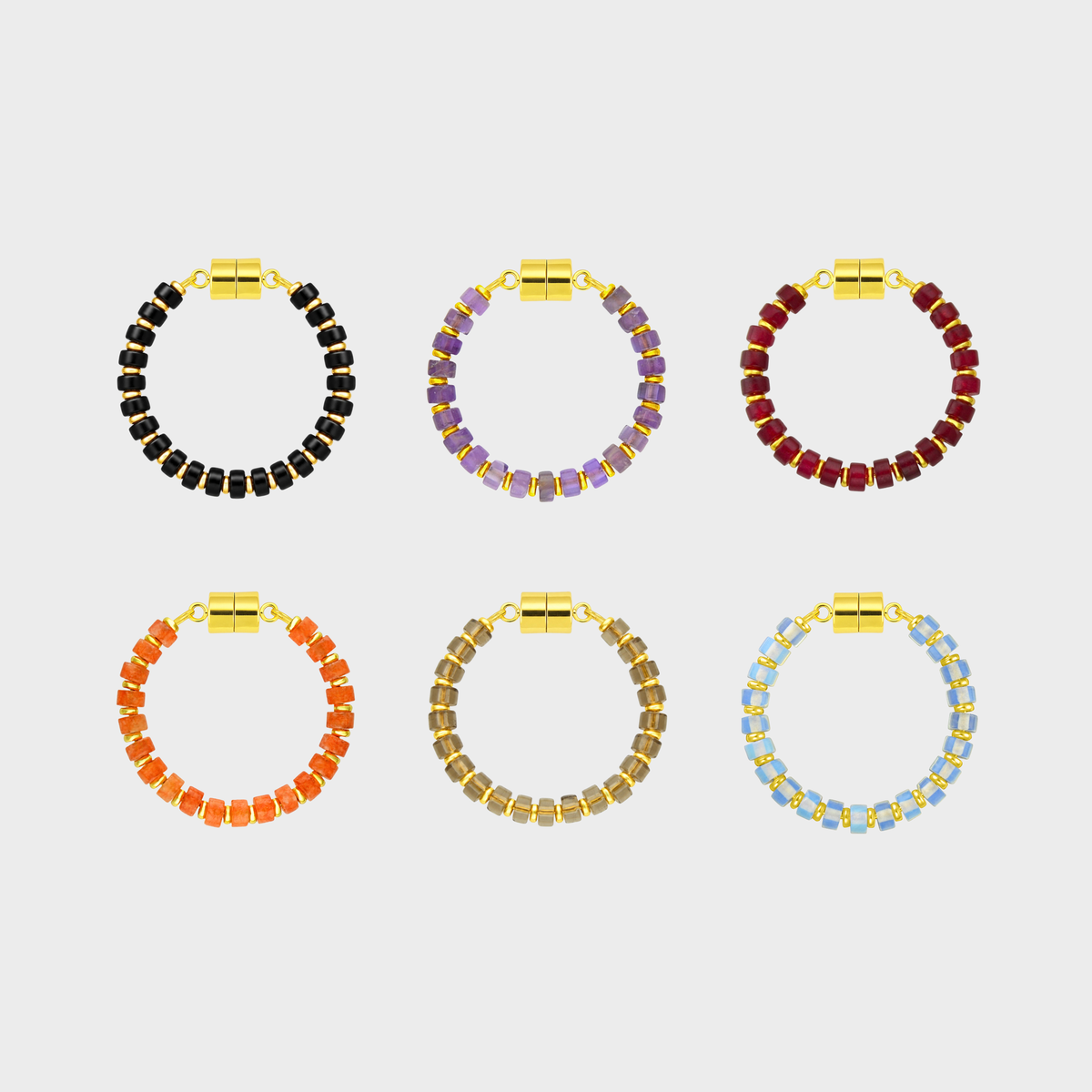 Witching Hour set of 6 magnetic wine charms in Black Onyx, Amethyst, Ruby, Mandarin Garnet, Smoky Quartz and Opal with gold hardware