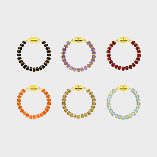 Witching Hour set of 6 magnetic wine charms in Black Onyx, Amethyst, Ruby, Mandarin Garnet, Smoky Quartz and Opal with gold hardware