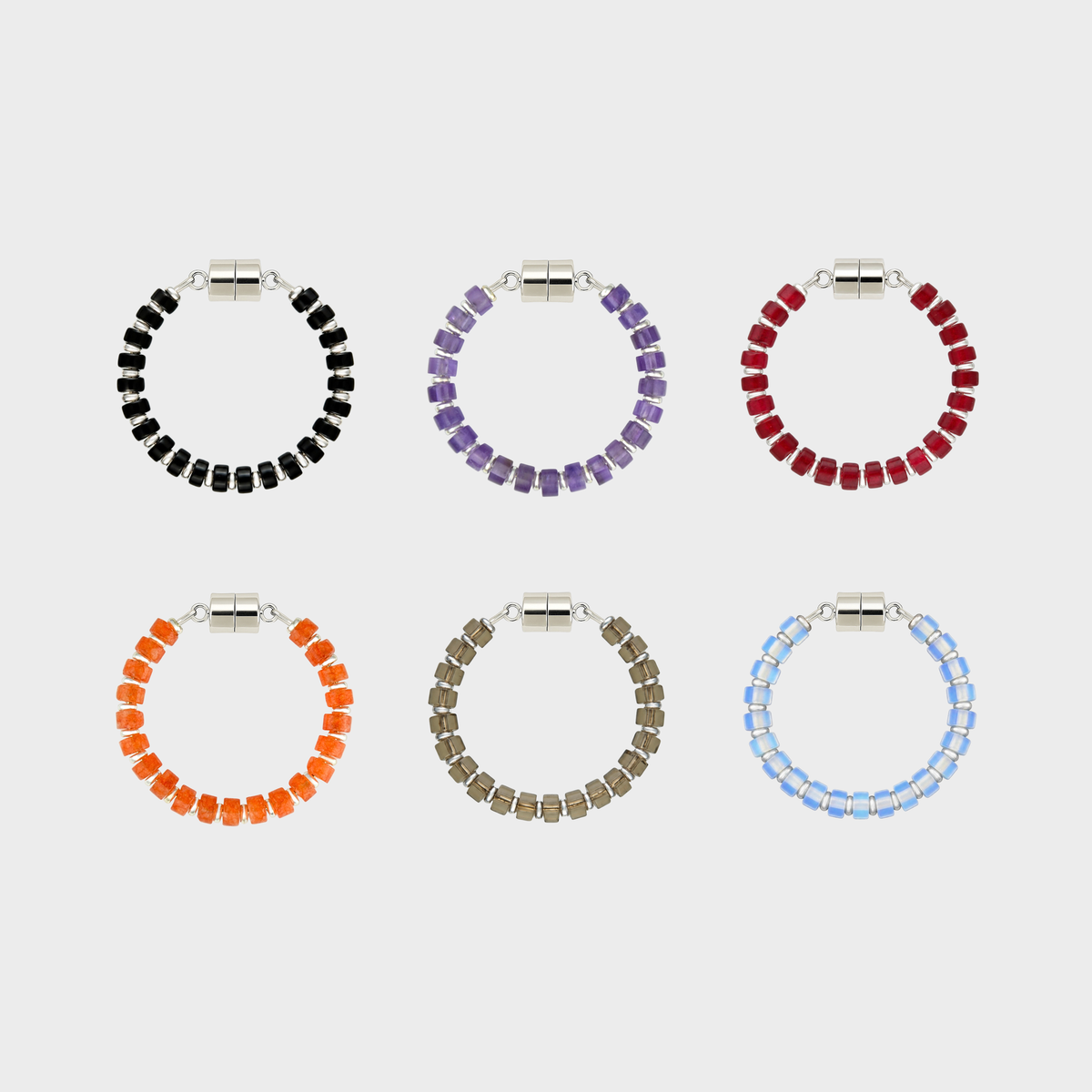 Witching Hour set of 6 magnetic wine charms in Black Onyx, Amethyst, Ruby, Mandarin Garnet, Smoky Quartz and Opal with silver hardware