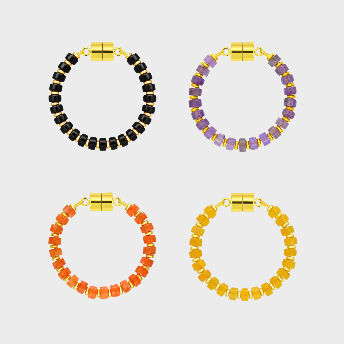 Witch's Brew set of 4 magnetic wine charms in Black Onyx, Amethyst, Mandarin Garnet and Citrine with gold hardware