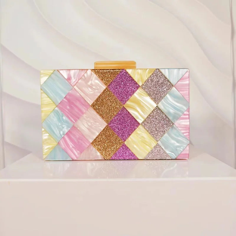 DIAMOND PATCHWORK ACRYLIC CLUTCH