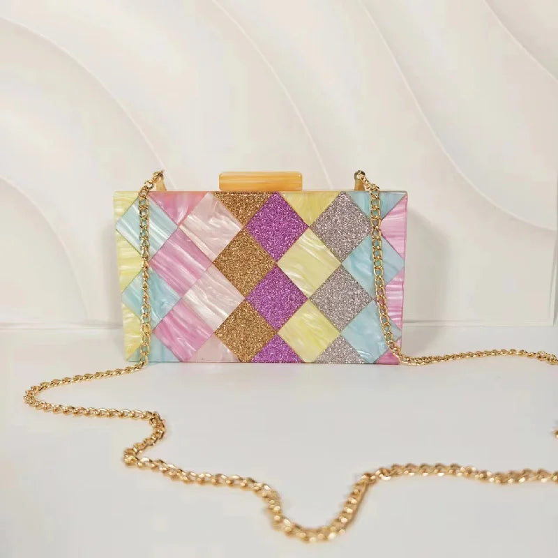 DIAMOND PATCHWORK ACRYLIC CLUTCH