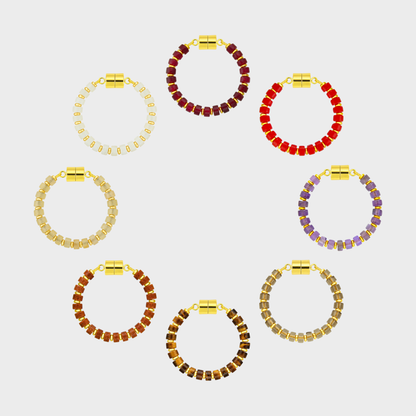 Vintner set of 8 magnetic wine charms arranged in a circle in Ruby, Red Coral, Amethyst, Smoky Quartz, Tiger Eye, Sunstone, Champagne Zircon and White Moonstone with gold hardware
